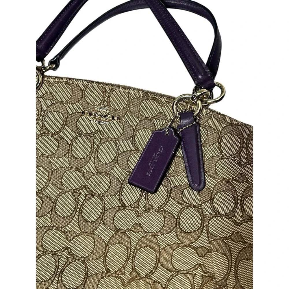 COACH Kelsey Crossbody Brown Purple Signature Canvas Leather Handbag No Strap‎